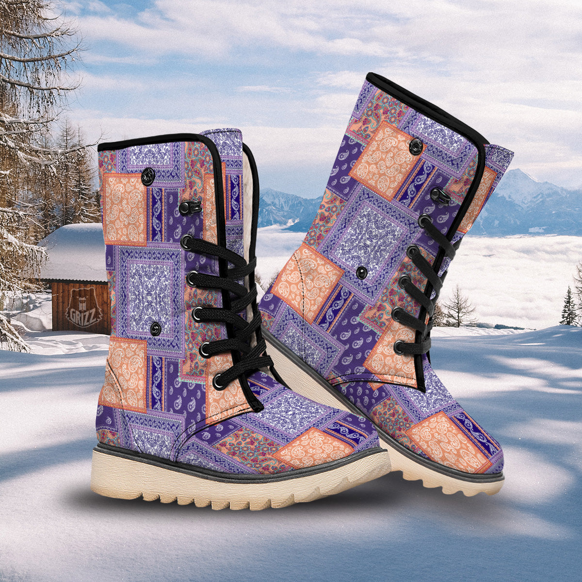 Patchwork Paisley Blue And Orange Print Pattern Snow Boots-grizzshop