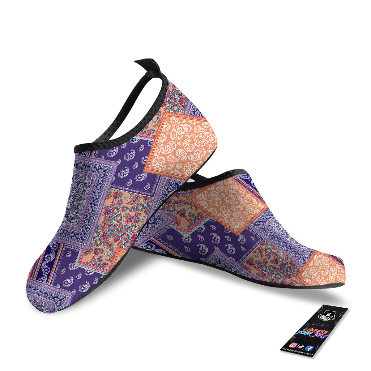 Patchwork Paisley Blue And Orange Print Pattern Water Shoes-grizzshop