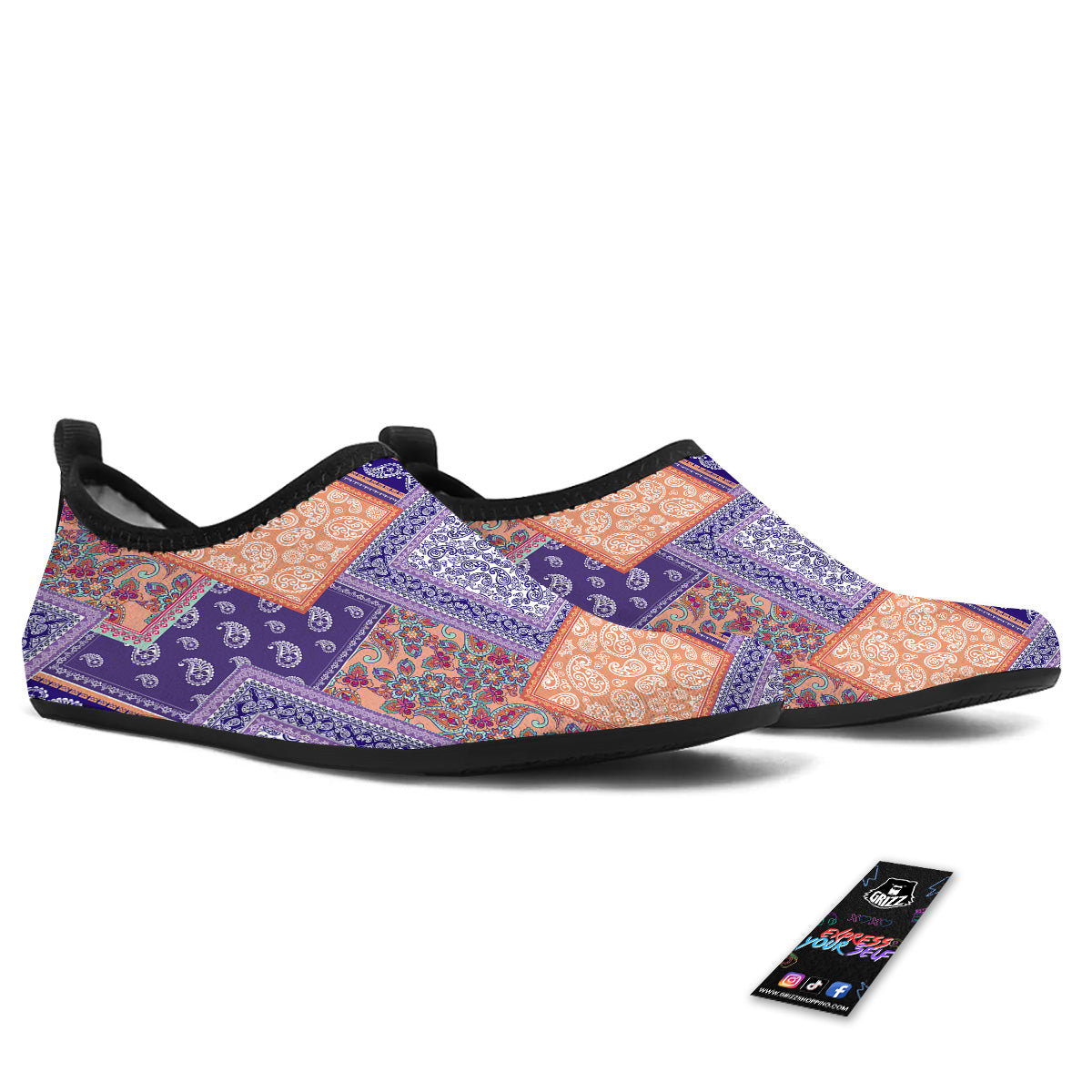 Patchwork Paisley Blue And Orange Print Pattern Water Shoes-grizzshop