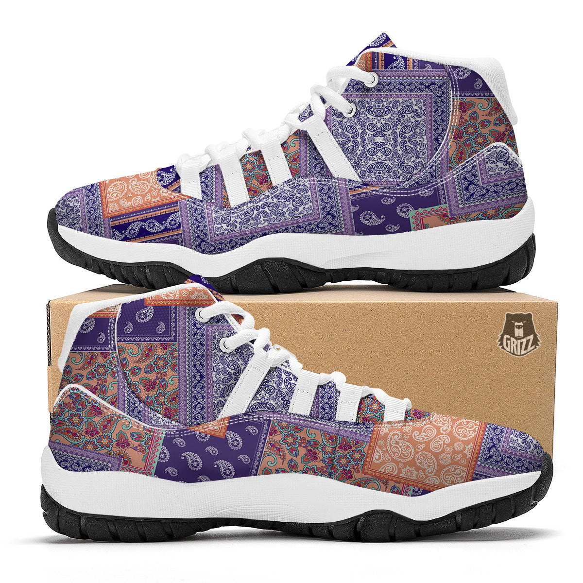 Patchwork Paisley Blue And Orange Print Pattern White Bball Shoes-grizzshop