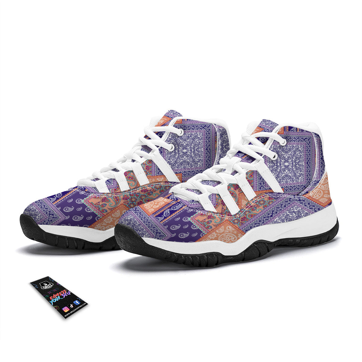 Patchwork Paisley Blue And Orange Print Pattern White Bball Shoes-grizzshop