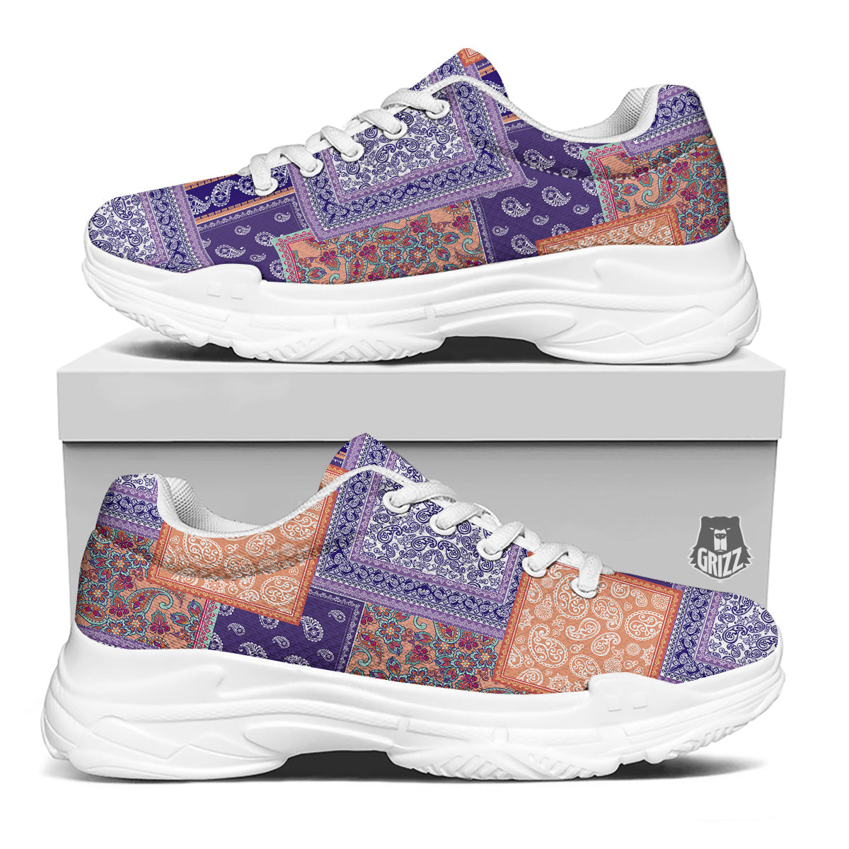 Patchwork Paisley Blue And Orange Print Pattern White Chunky Shoes-grizzshop