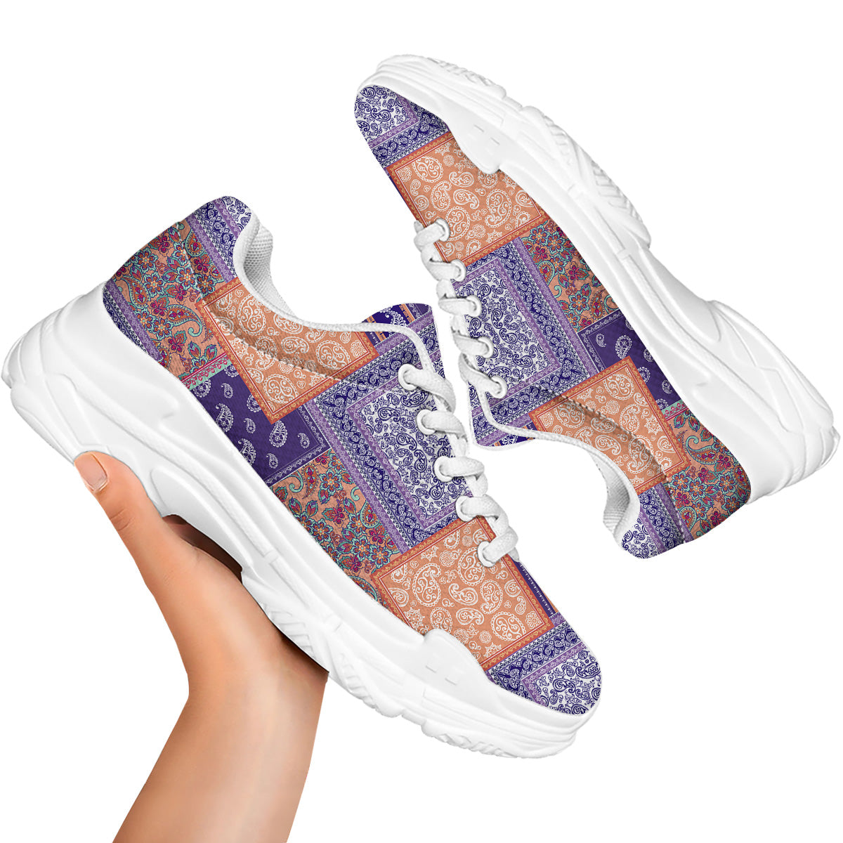 Patchwork Paisley Blue And Orange Print Pattern White Chunky Shoes-grizzshop