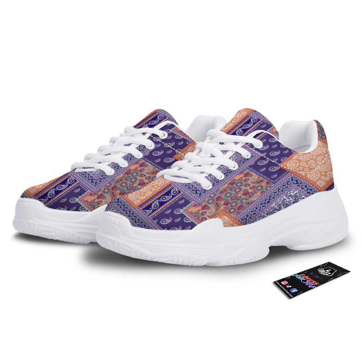 Patchwork Paisley Blue And Orange Print Pattern White Chunky Shoes-grizzshop