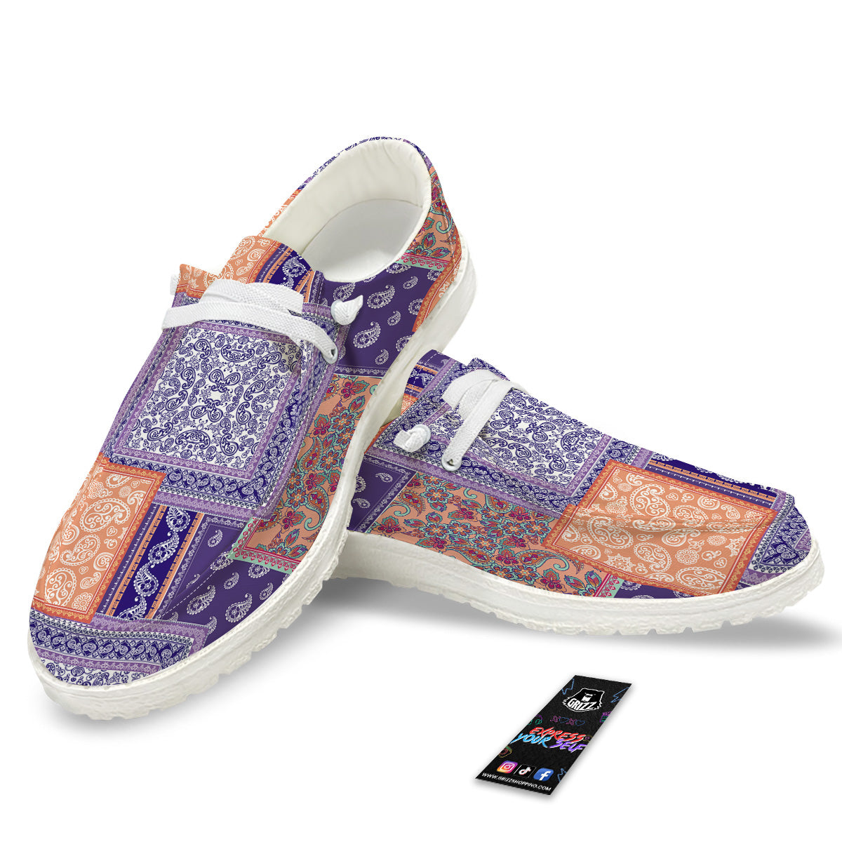 Patchwork Paisley Blue And Orange Print Pattern White Loafers-grizzshop