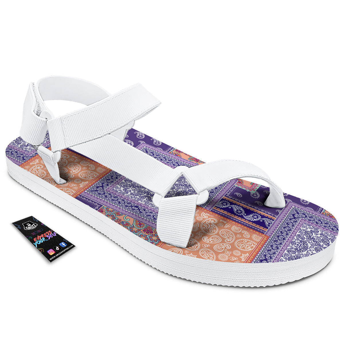Patchwork Paisley Blue And Orange Print Pattern White Open Toe Sandals-grizzshop