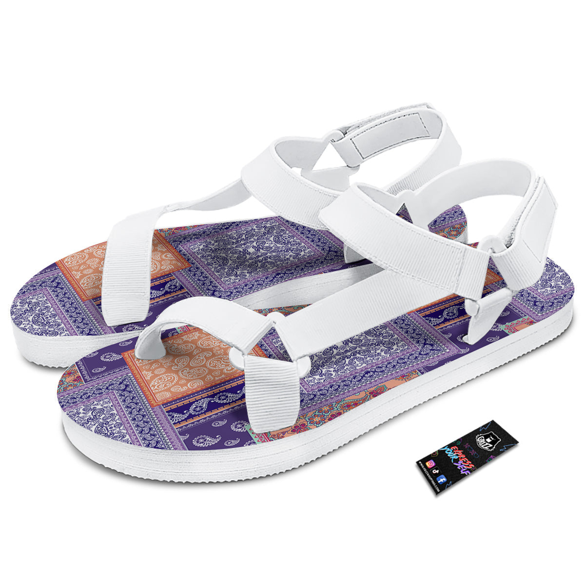 Patchwork Paisley Blue And Orange Print Pattern White Open Toe Sandals-grizzshop