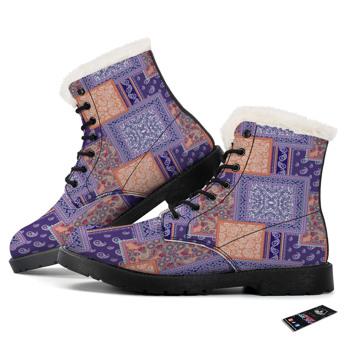 Patchwork Paisley Blue And Orange Print Pattern Winter Boots-grizzshop