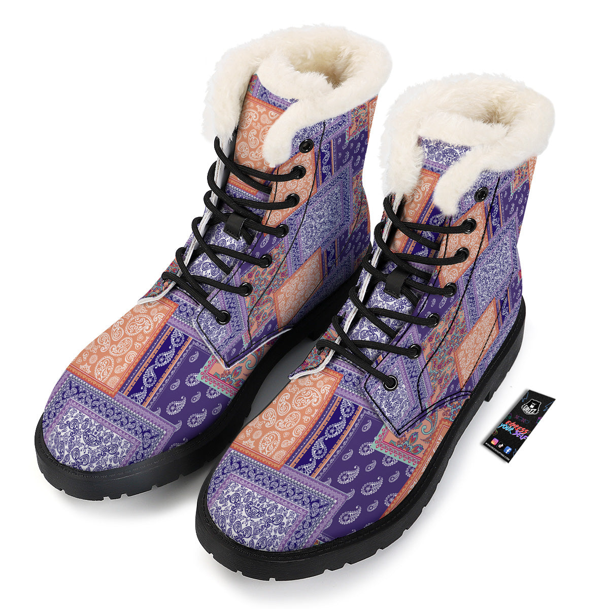 Patchwork Paisley Blue And Orange Print Pattern Winter Boots-grizzshop