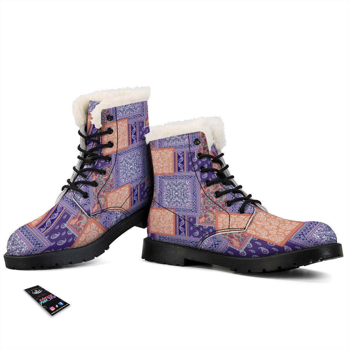 Patchwork Paisley Blue And Orange Print Pattern Winter Boots-grizzshop
