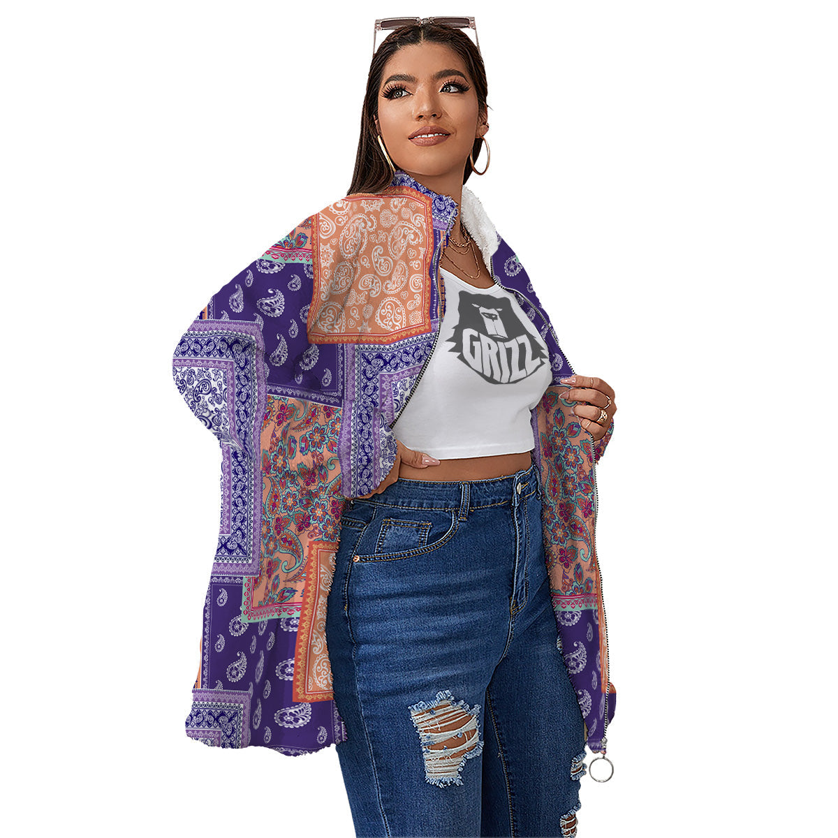 Patchwork Paisley Blue And Orange Print Pattern Women's Sherpa Jacket-grizzshop