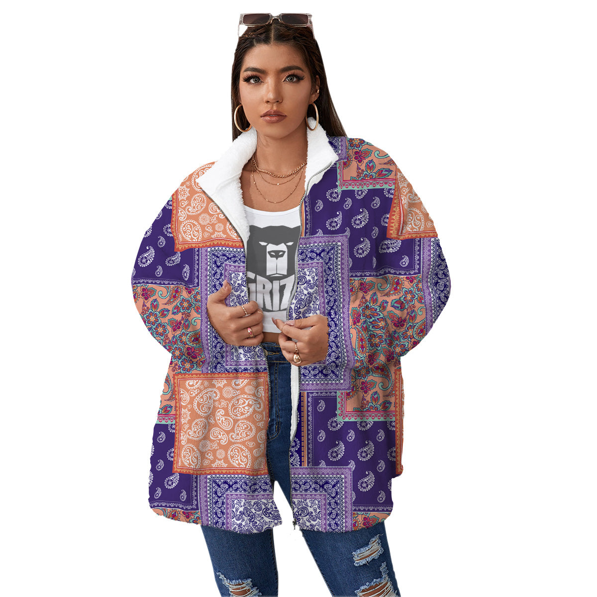 Patchwork Paisley Blue And Orange Print Pattern Women's Sherpa Jacket-grizzshop