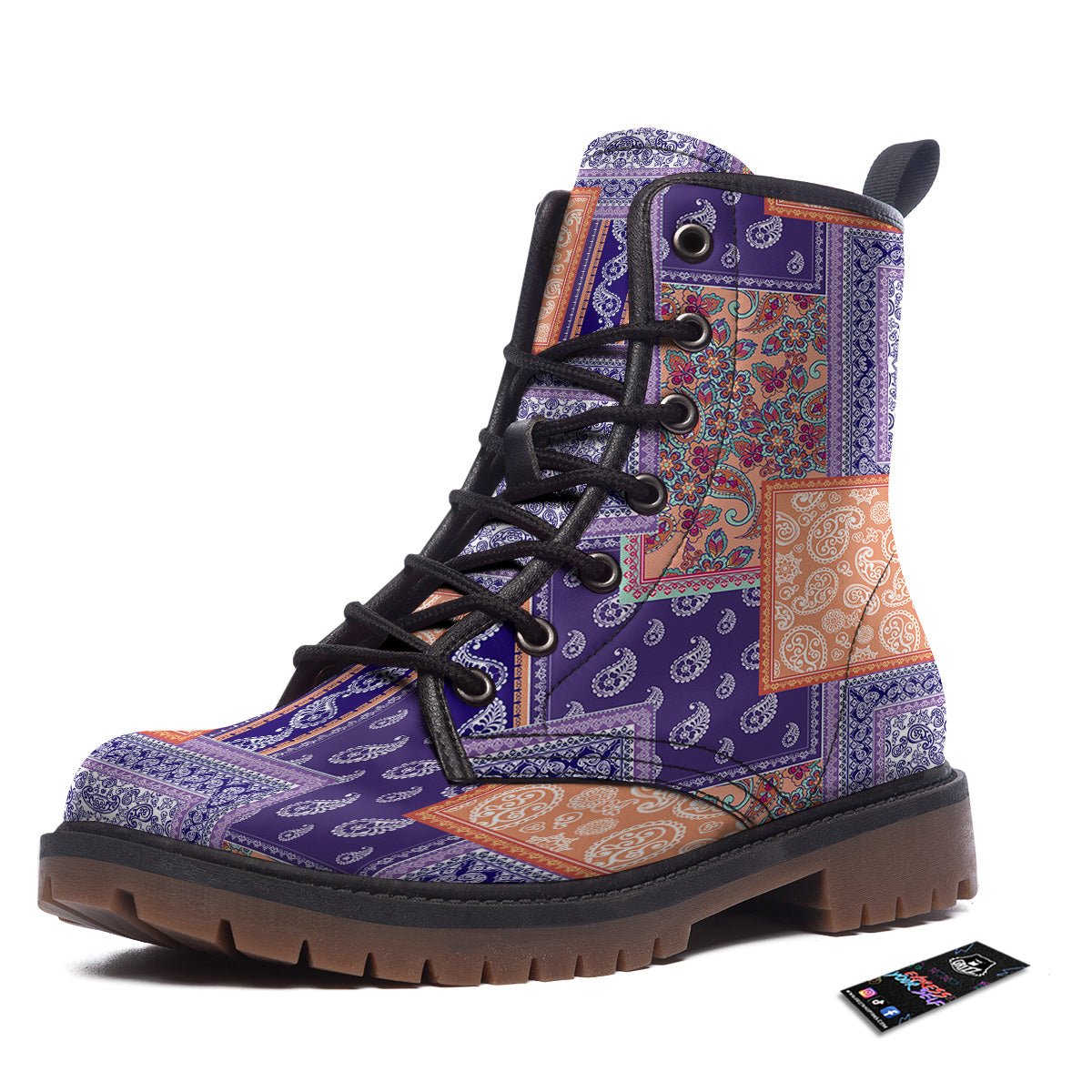 Patchwork Paisley Blue And Orange Print Pattern Work Boots-grizzshop
