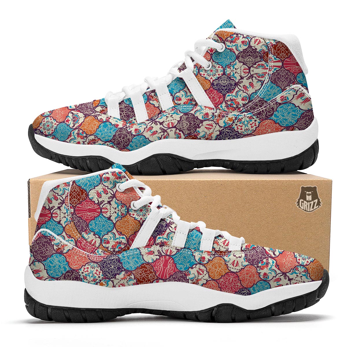 Patchwork Pattern Print White Bball Shoes-grizzshop