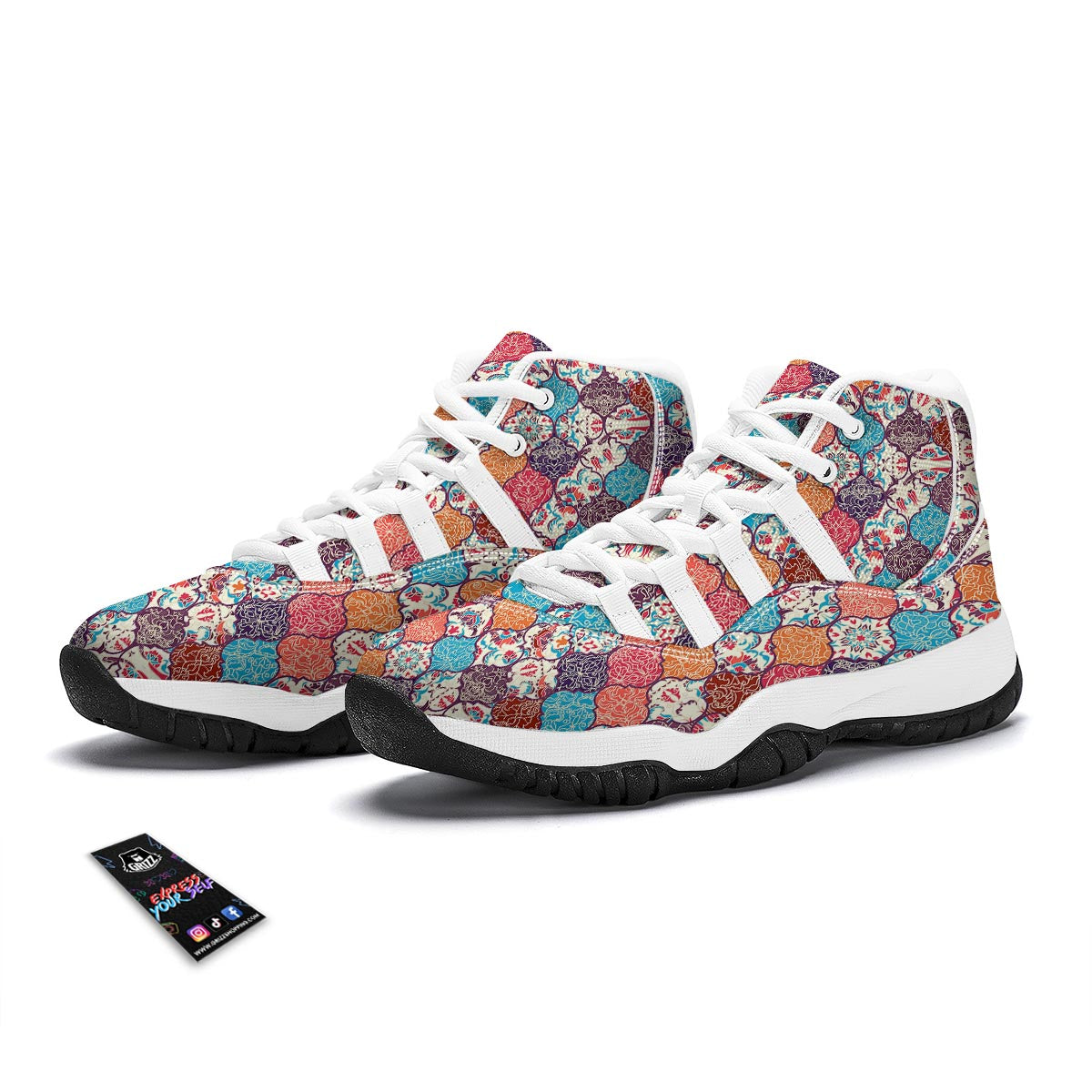 Patchwork Pattern Print White Bball Shoes-grizzshop
