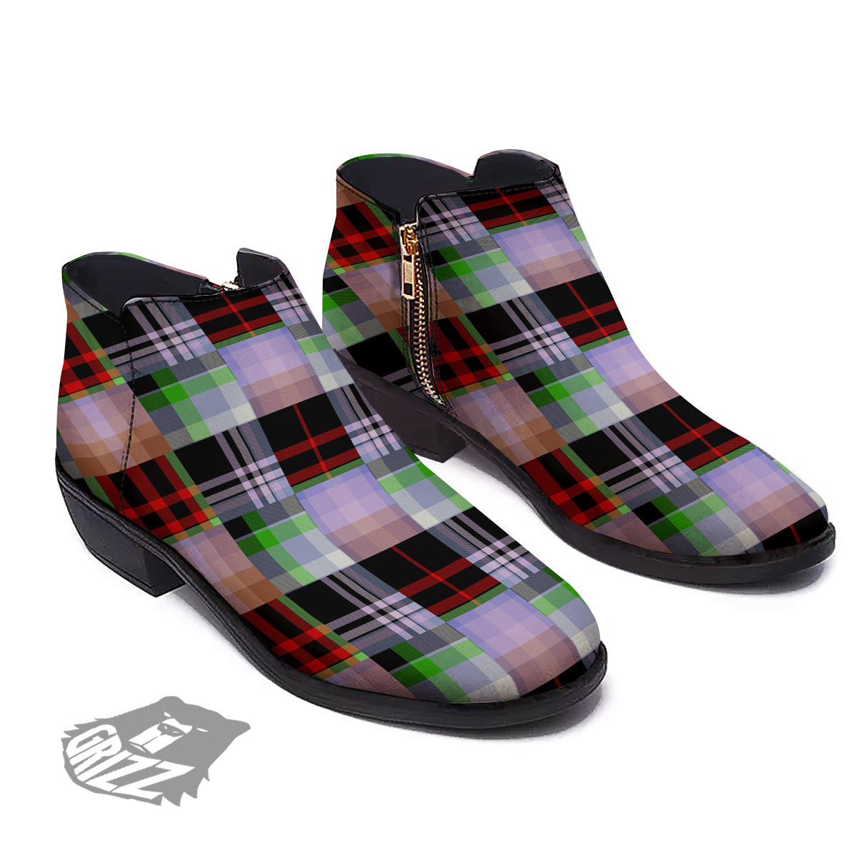 Patchwork Plaid Madras Print Pattern Ankle Boots-grizzshop