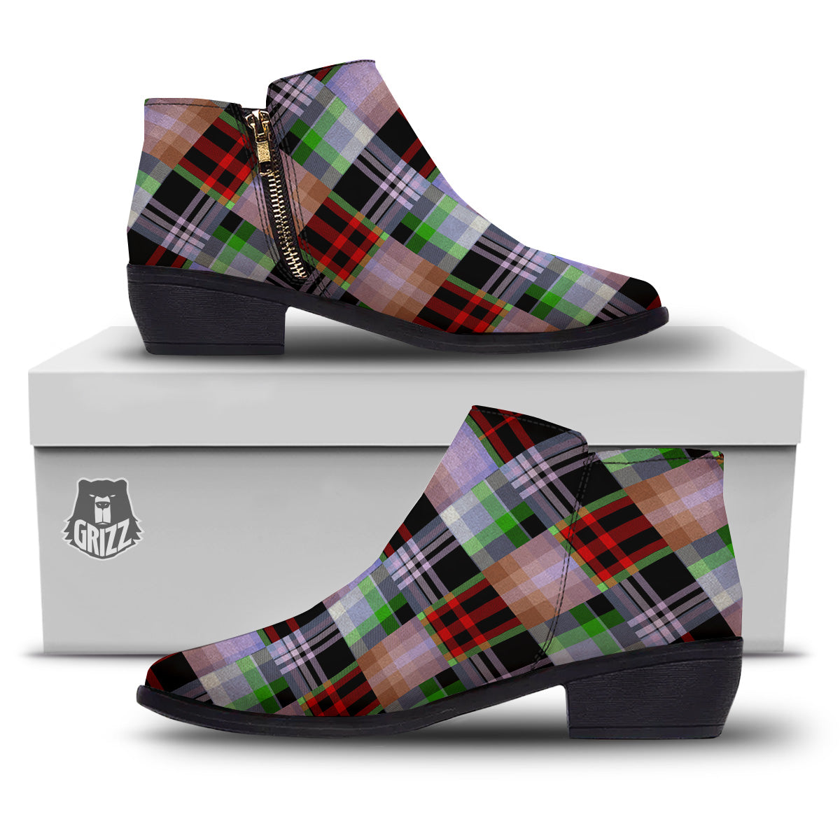 Patchwork Plaid Madras Print Pattern Ankle Boots-grizzshop