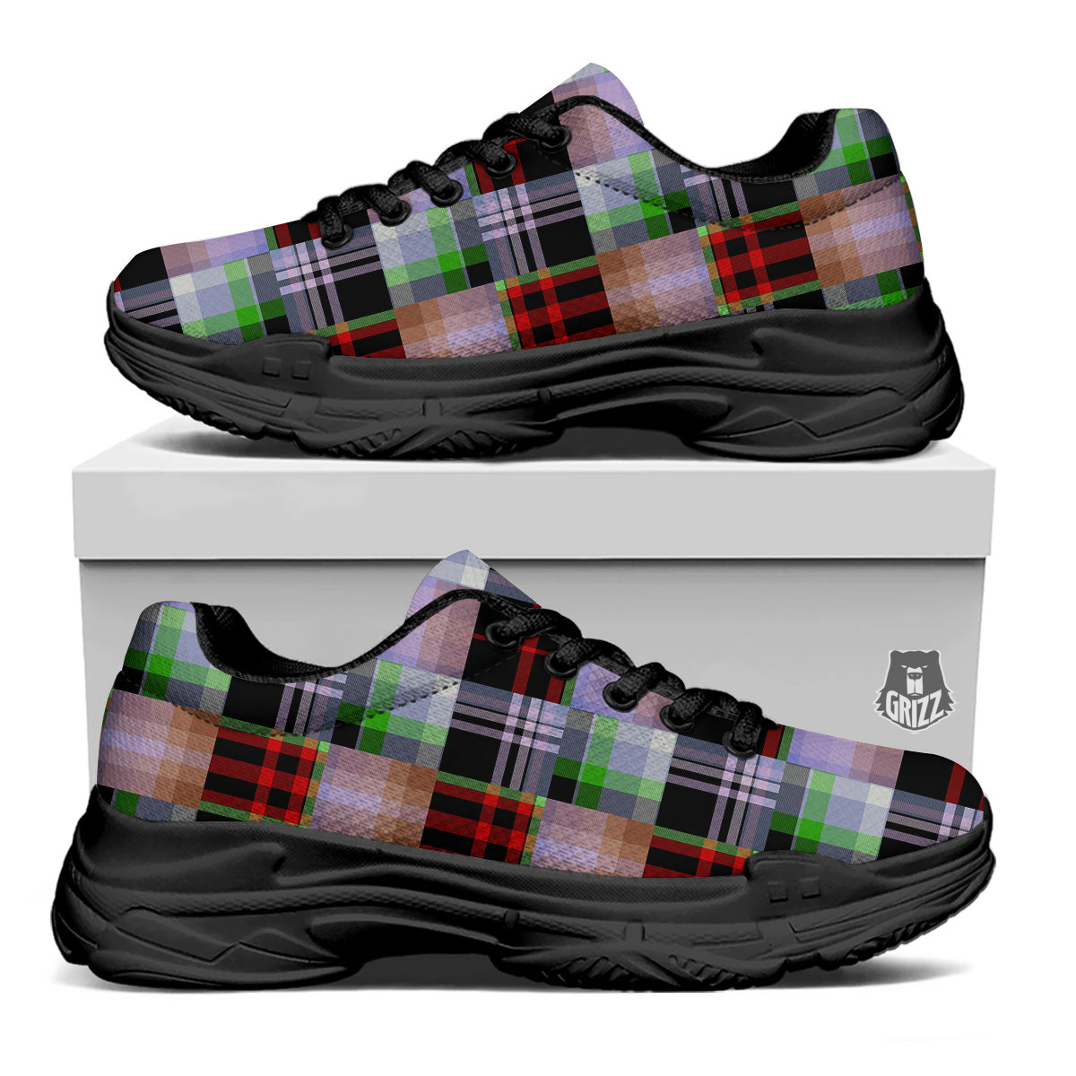 Patchwork Plaid Madras Print Pattern Black Chunky Shoes-grizzshop