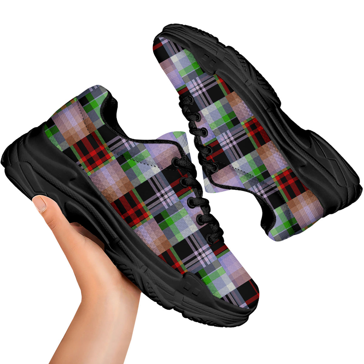 Patchwork Plaid Madras Print Pattern Black Chunky Shoes-grizzshop