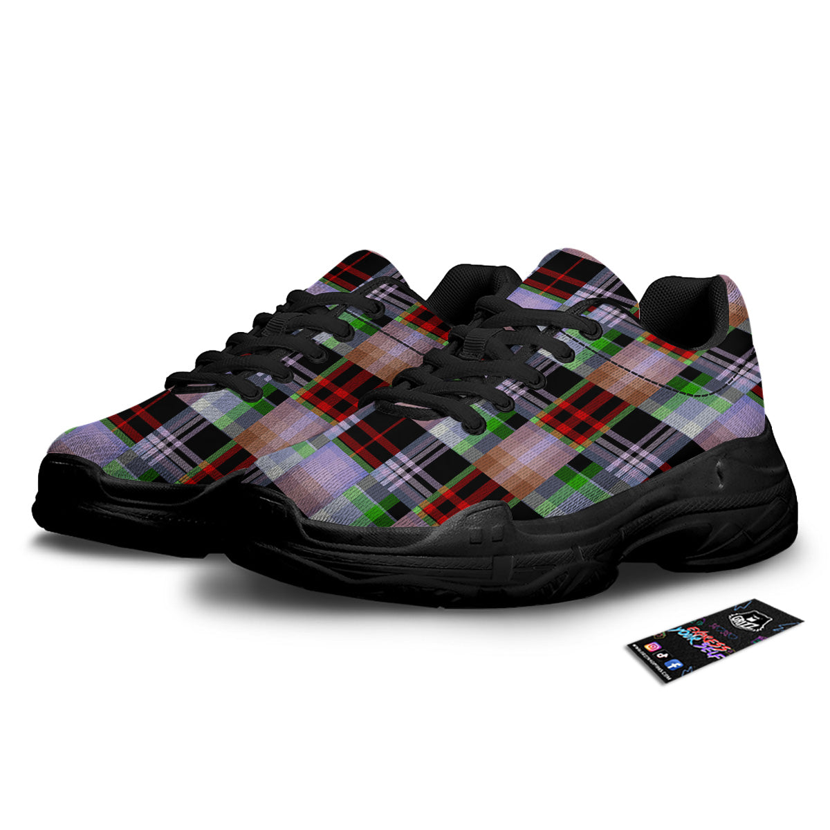 Patchwork Plaid Madras Print Pattern Black Chunky Shoes-grizzshop