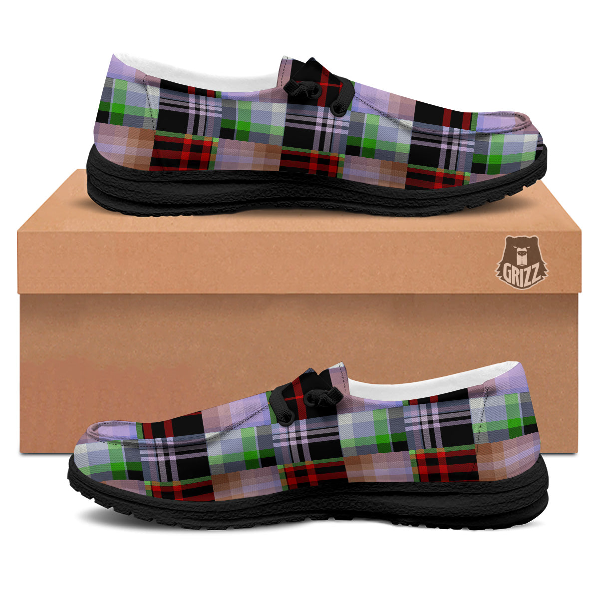 Patchwork Plaid Madras Print Pattern Black Loafers-grizzshop