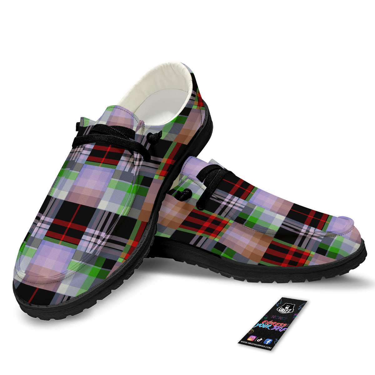 Patchwork Plaid Madras Print Pattern Black Loafers-grizzshop
