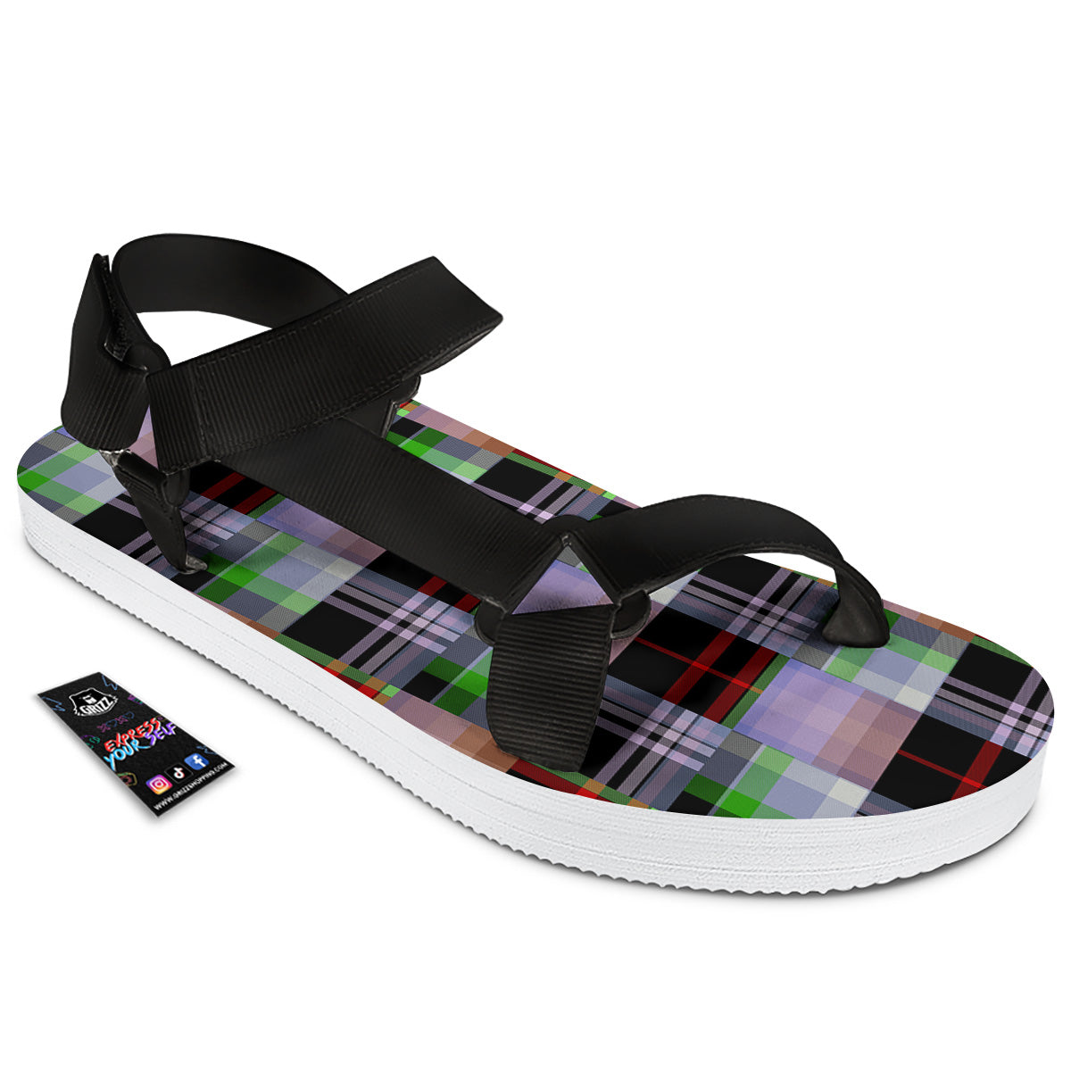 Patchwork Plaid Madras Print Pattern Black Open Toe Sandals-grizzshop