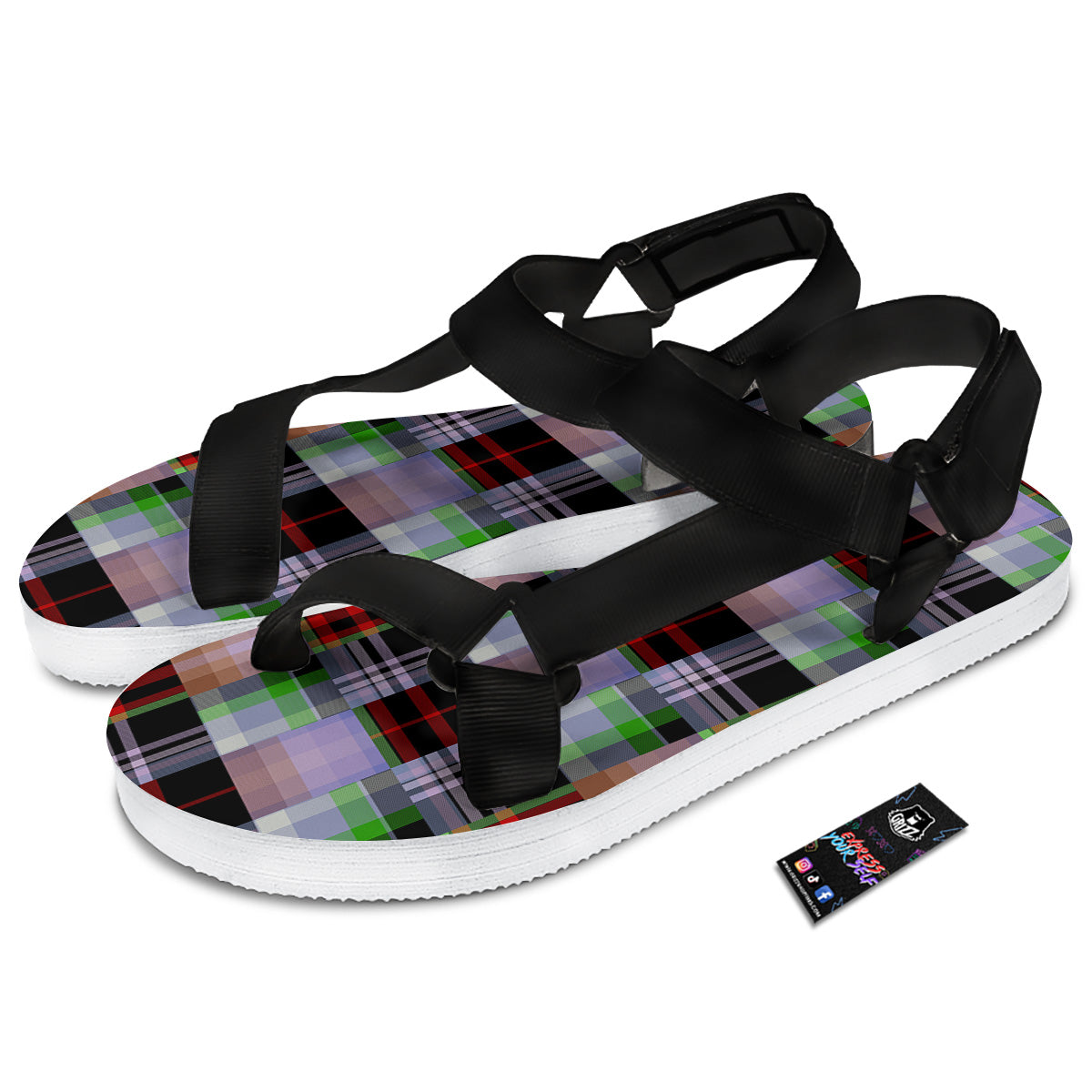 Patchwork Plaid Madras Print Pattern Black Open Toe Sandals-grizzshop