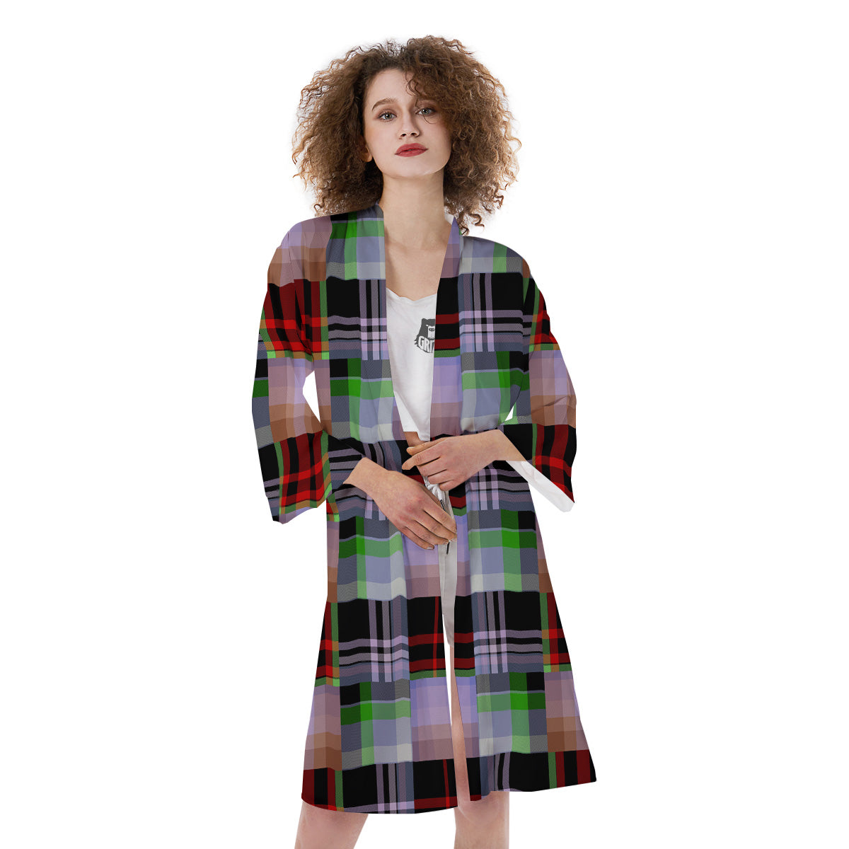 Patchwork Plaid Madras Print Pattern Kimono-grizzshop