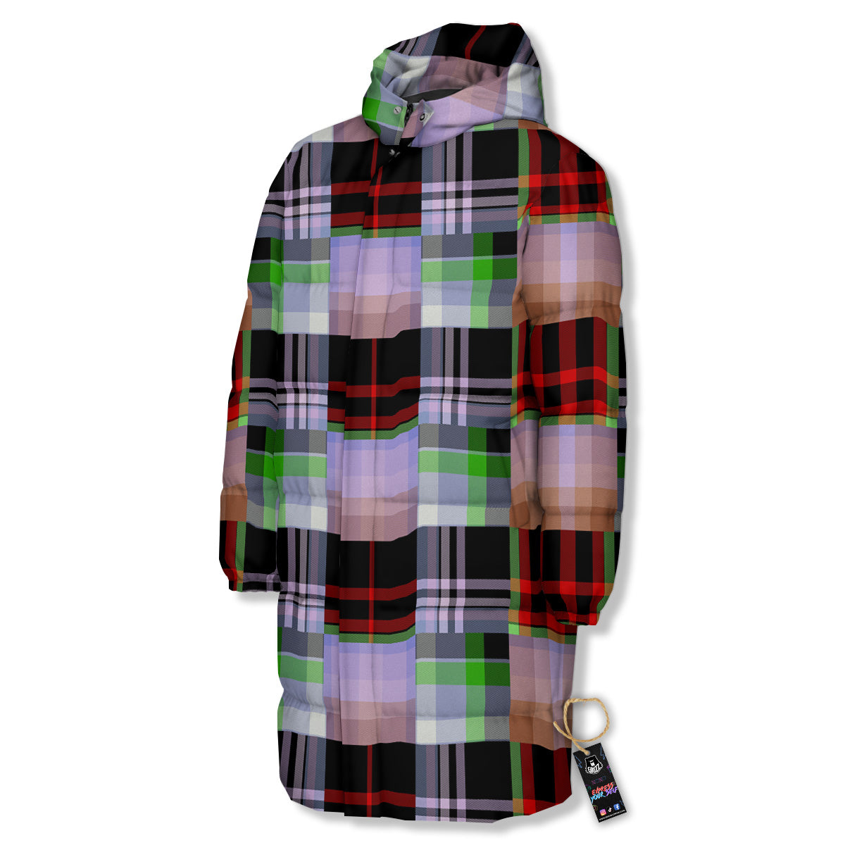 Patchwork Plaid Madras Print Pattern Long Down Jacket-grizzshop