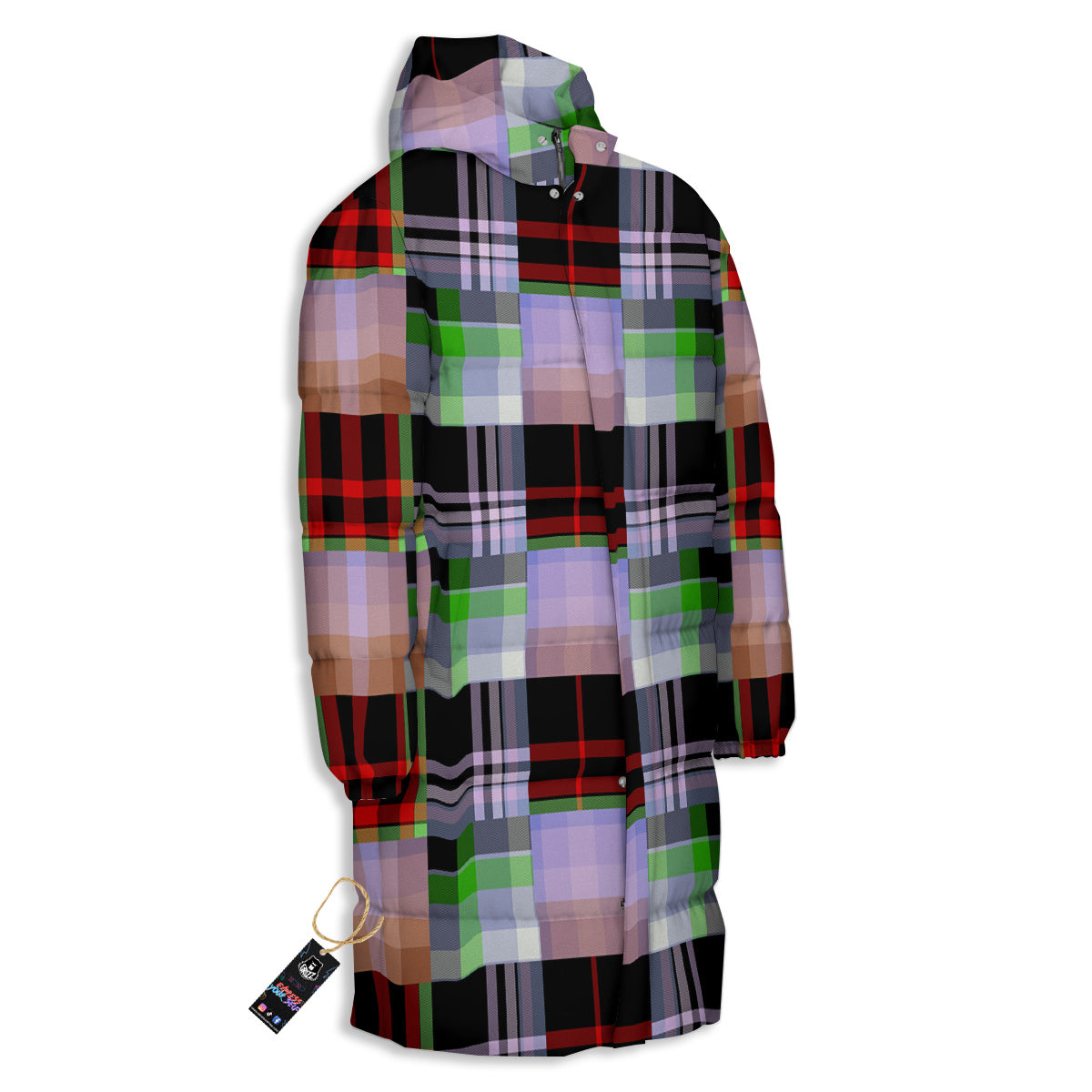 Patchwork Plaid Madras Print Pattern Long Down Jacket-grizzshop