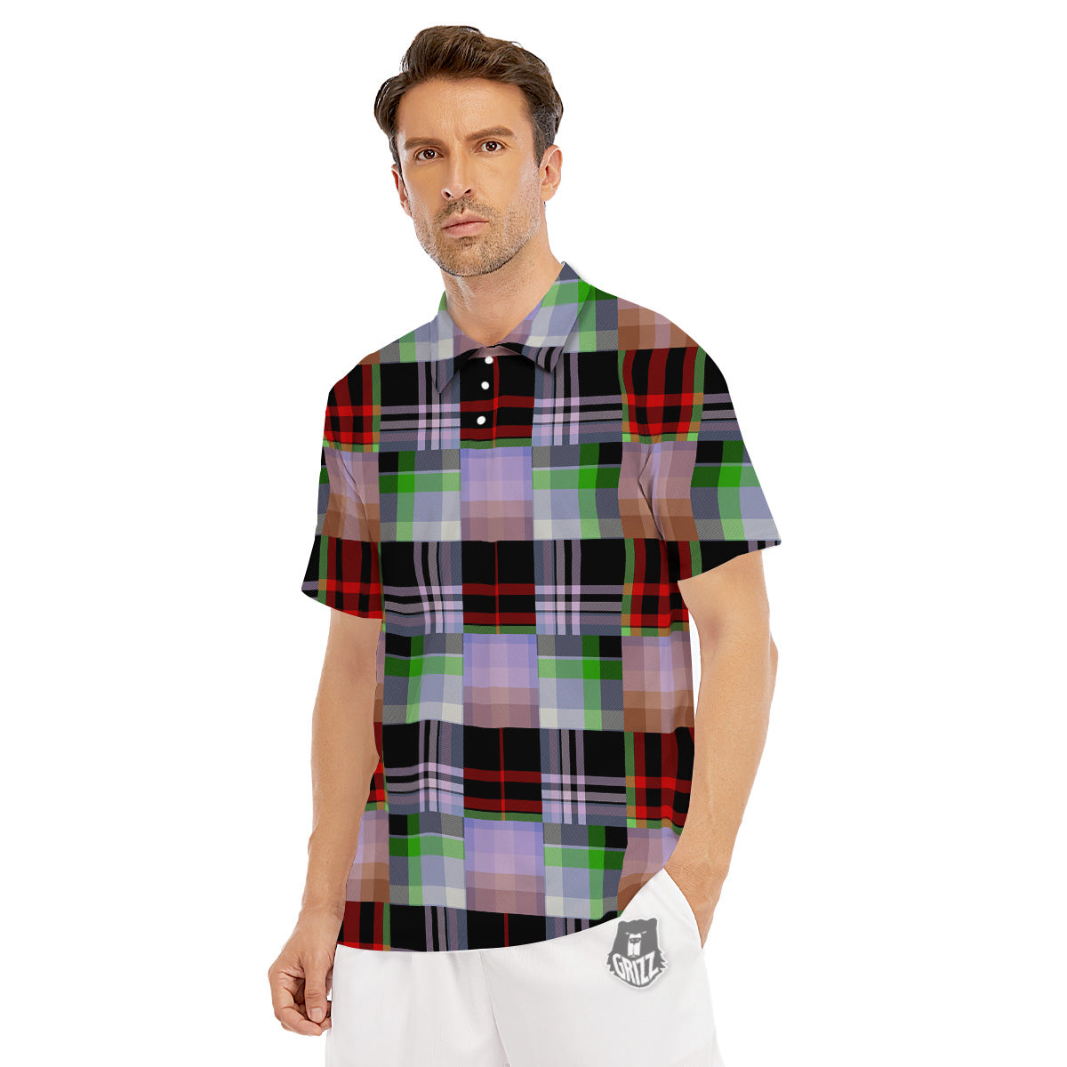 Patchwork Plaid Madras Print Pattern Men's Golf Shirts-grizzshop