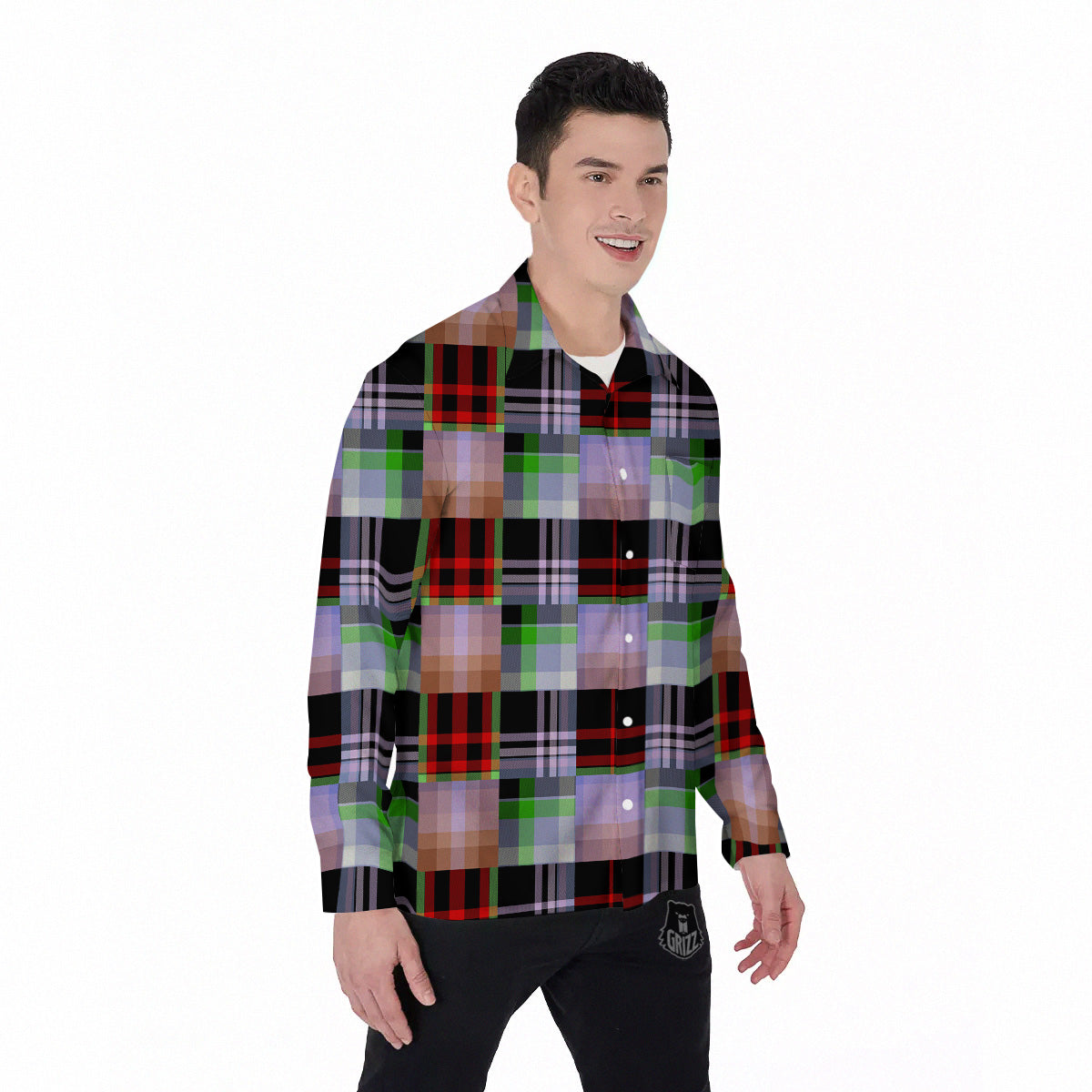Patchwork Plaid Madras Print Pattern Men's Long Sleeve Shirts-grizzshop