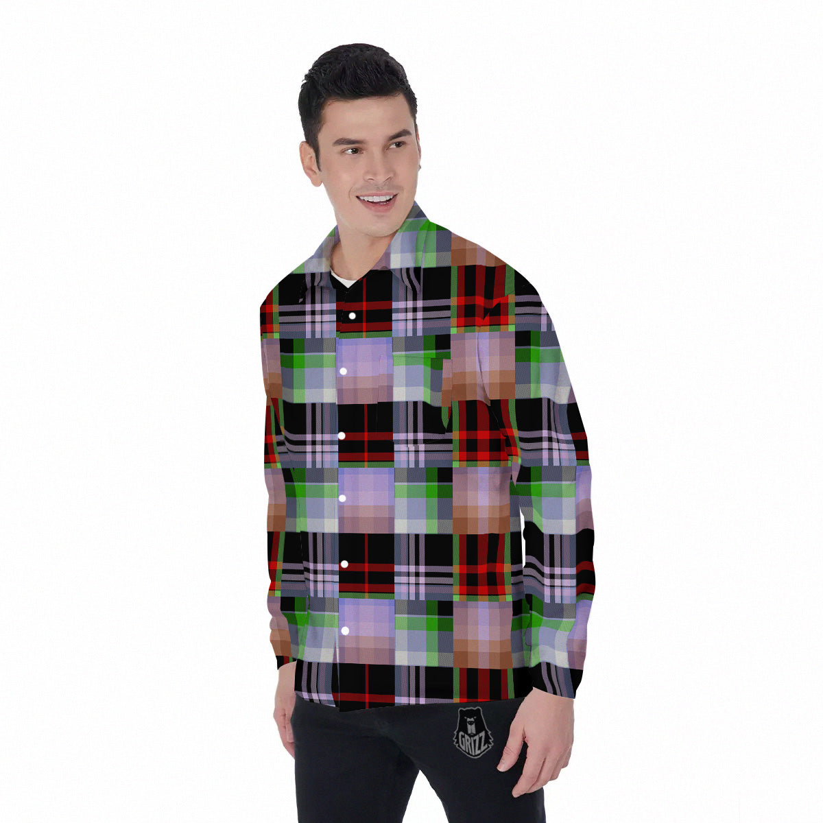 Patchwork Plaid Madras Print Pattern Men's Long Sleeve Shirts-grizzshop