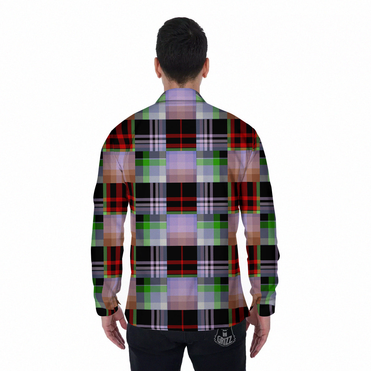 Patchwork Plaid Madras Print Pattern Men's Long Sleeve Shirts-grizzshop