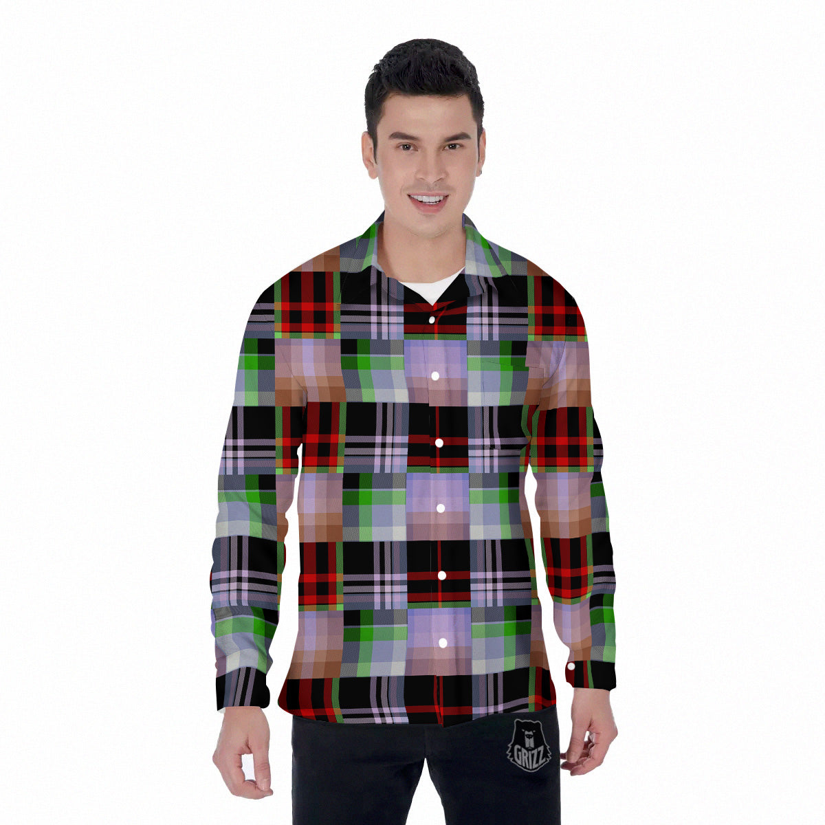 Patchwork Plaid Madras Print Pattern Men's Long Sleeve Shirts-grizzshop