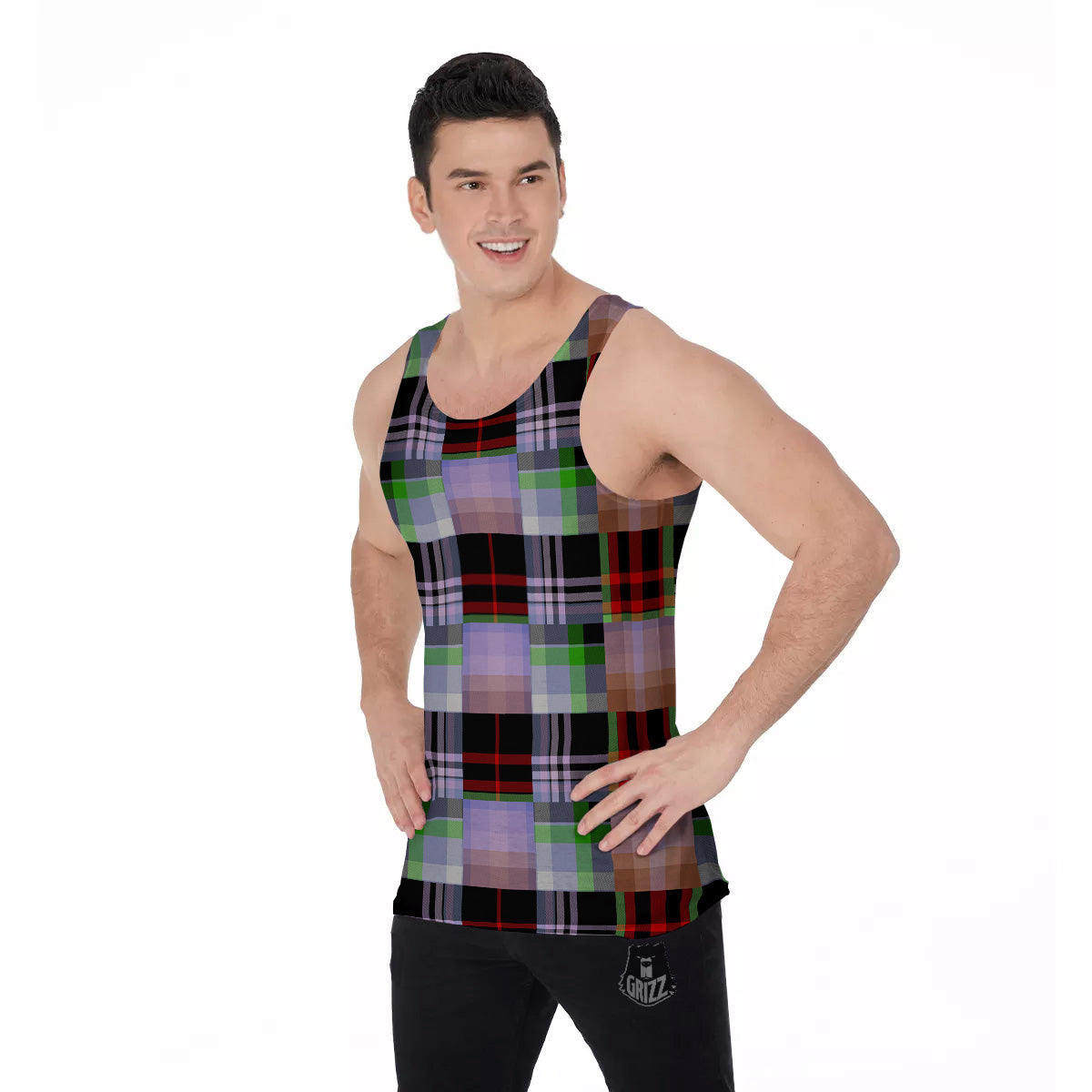 Patchwork Plaid Madras Print Pattern Men's Tank Top-grizzshop