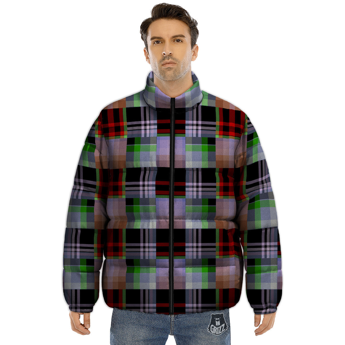 Patchwork Plaid Madras Print Pattern Puffer Jacket-grizzshop