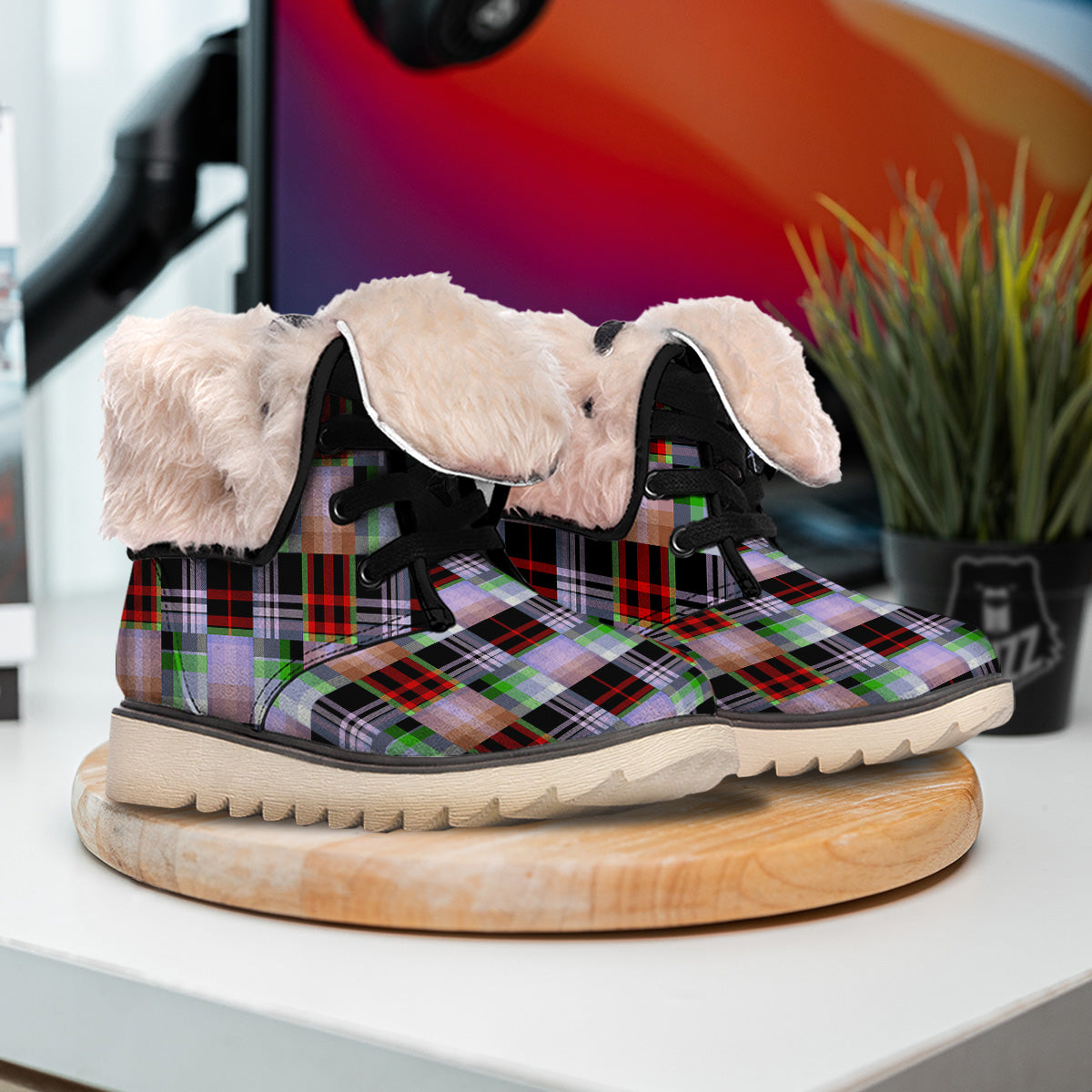 Patchwork Plaid Madras Print Pattern Snow Boots-grizzshop