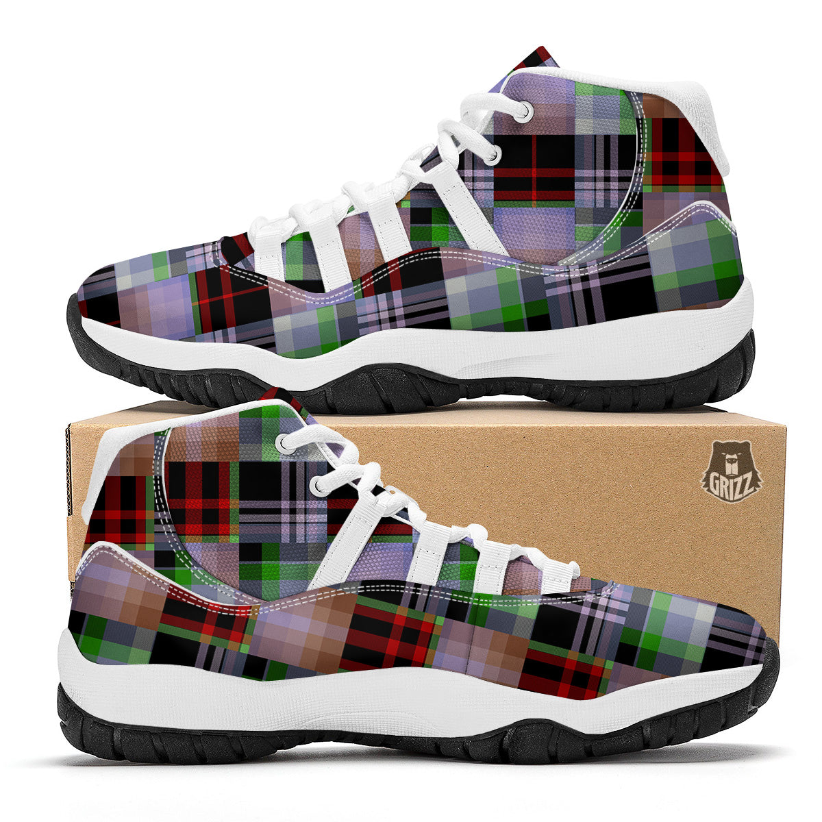 Patchwork Plaid Madras Print Pattern White Bball Shoes-grizzshop