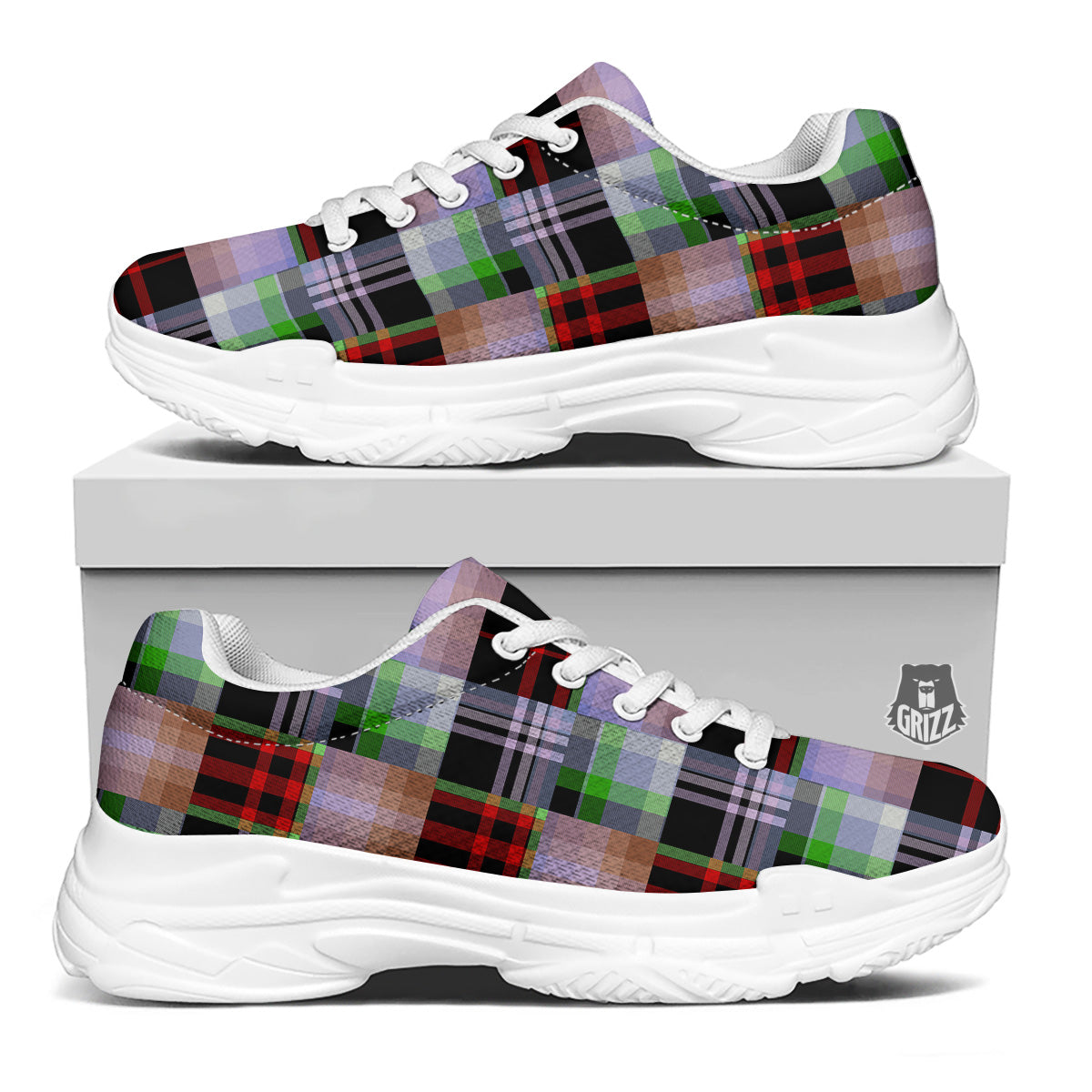 Patchwork Plaid Madras Print Pattern White Chunky Shoes-grizzshop