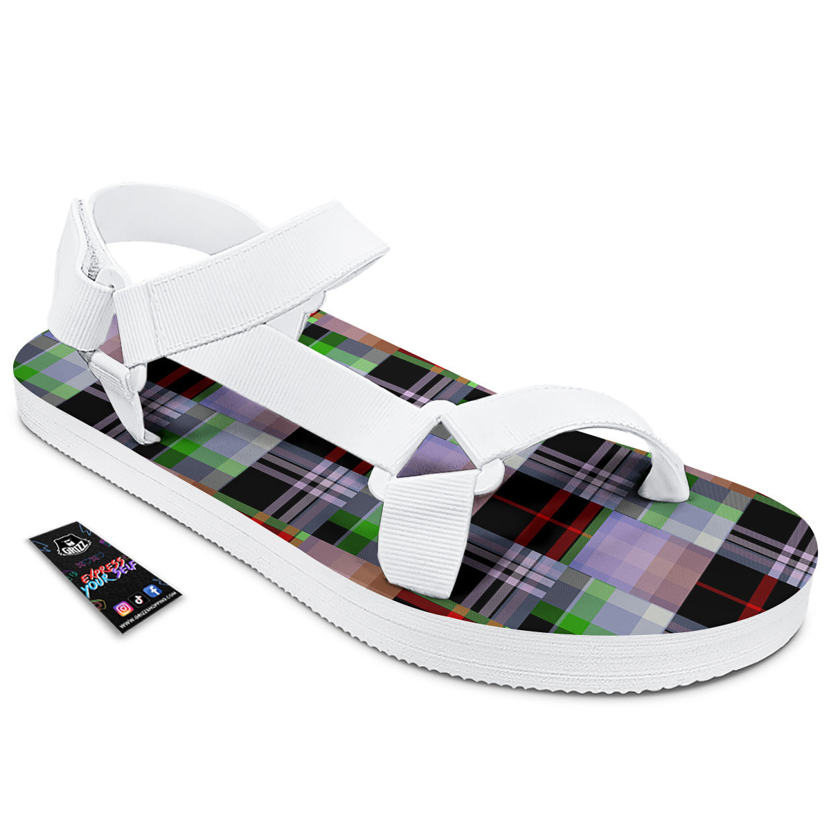 Patchwork Plaid Madras Print Pattern White Open Toe Sandals-grizzshop
