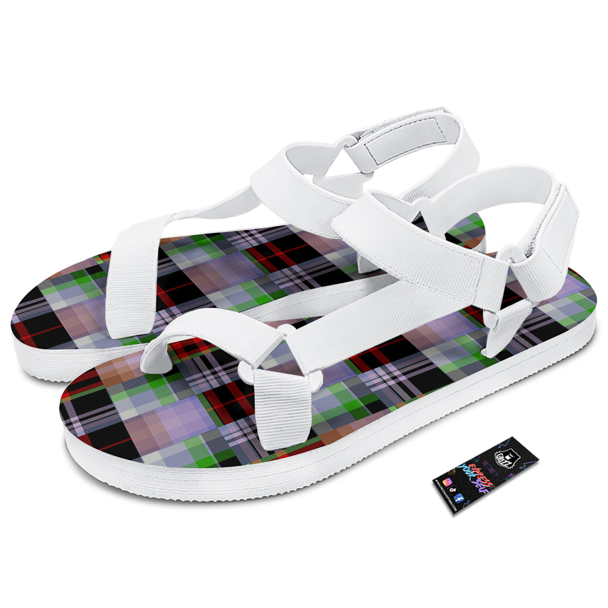 Patchwork Plaid Madras Print Pattern White Open Toe Sandals-grizzshop