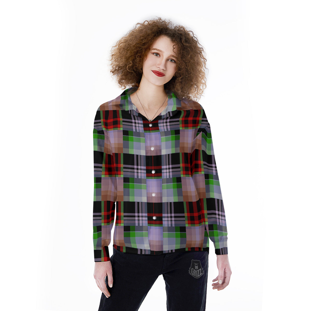 Patchwork Plaid Madras Print Pattern Women's Long Sleeve Shirts-grizzshop
