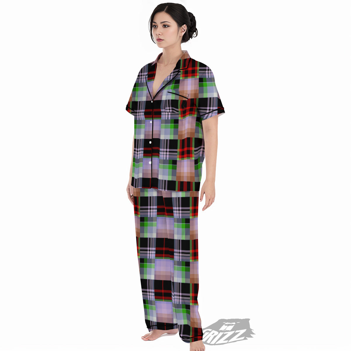 Patchwork Plaid Madras Print Pattern Women's Pajamas Set-grizzshop