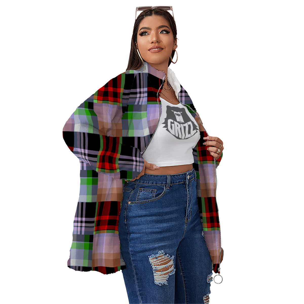 Patchwork Plaid Madras Print Pattern Women's Sherpa Jacket-grizzshop