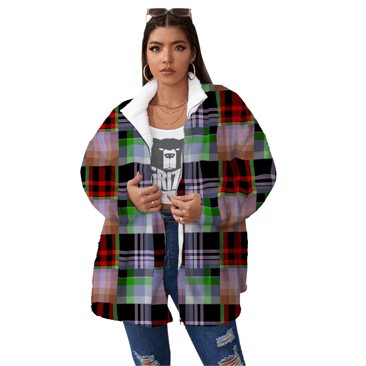 Patchwork Plaid Madras Print Pattern Women's Sherpa Jacket-grizzshop