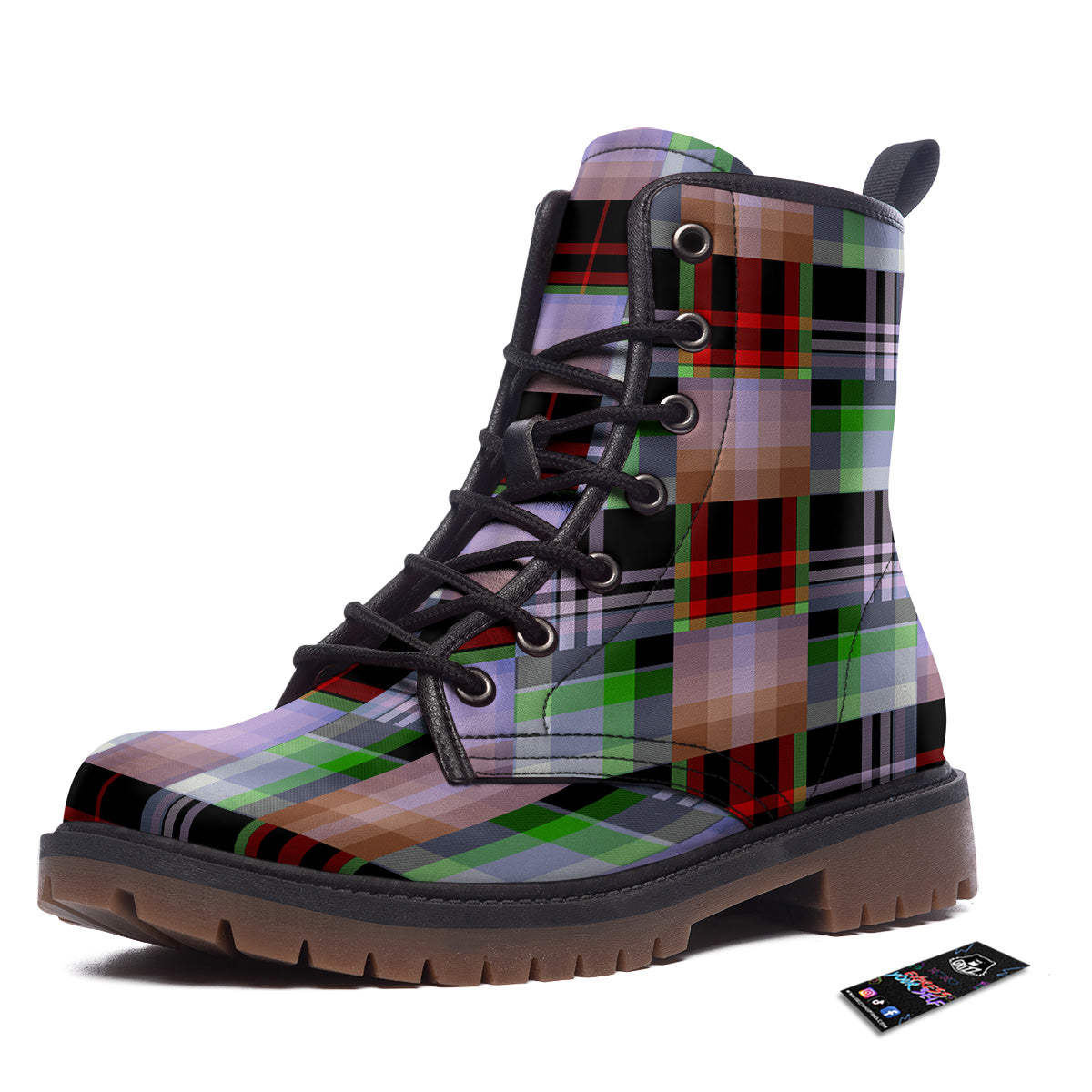 Patchwork Plaid Madras Print Pattern Work Boots-grizzshop