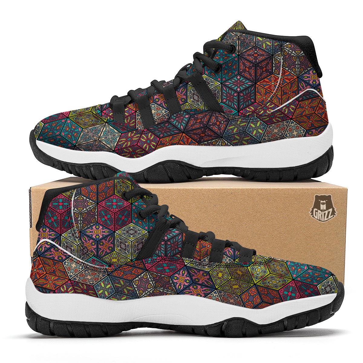 Patchwork Print Pattern Black Bball Shoes-grizzshop