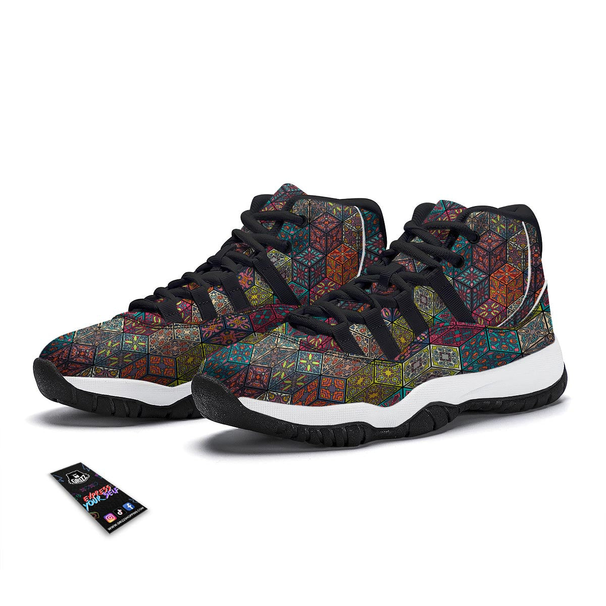 Patchwork Print Pattern Black Bball Shoes-grizzshop